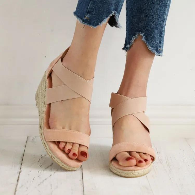 Women's peep toe criss cross ankle wrap espadrille wedge sandals