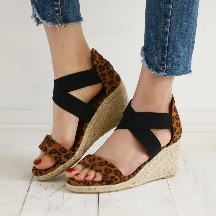 Women's peep toe criss cross ankle wrap espadrille wedge sandals