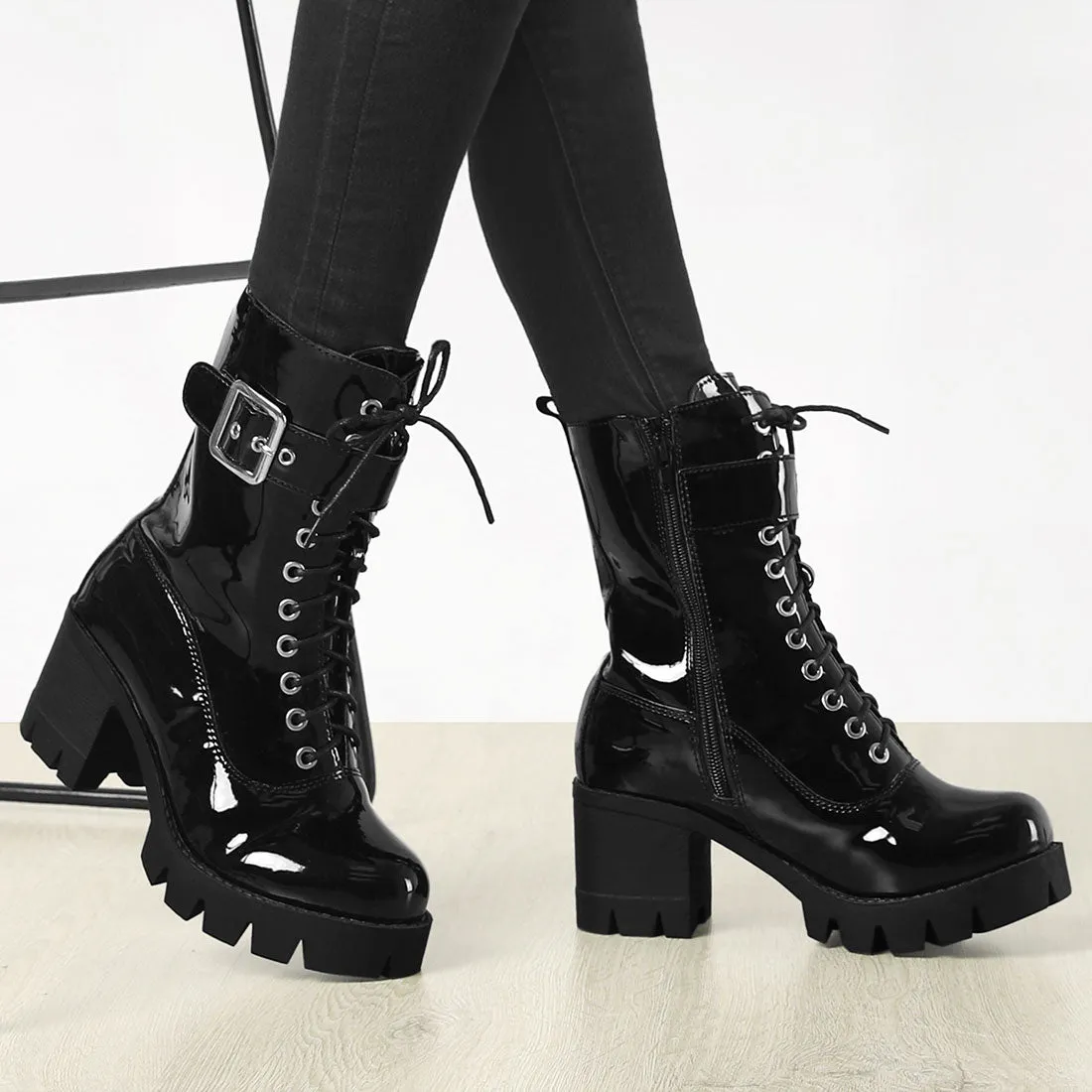 Zip Platform Chunky Heel Combat Boots