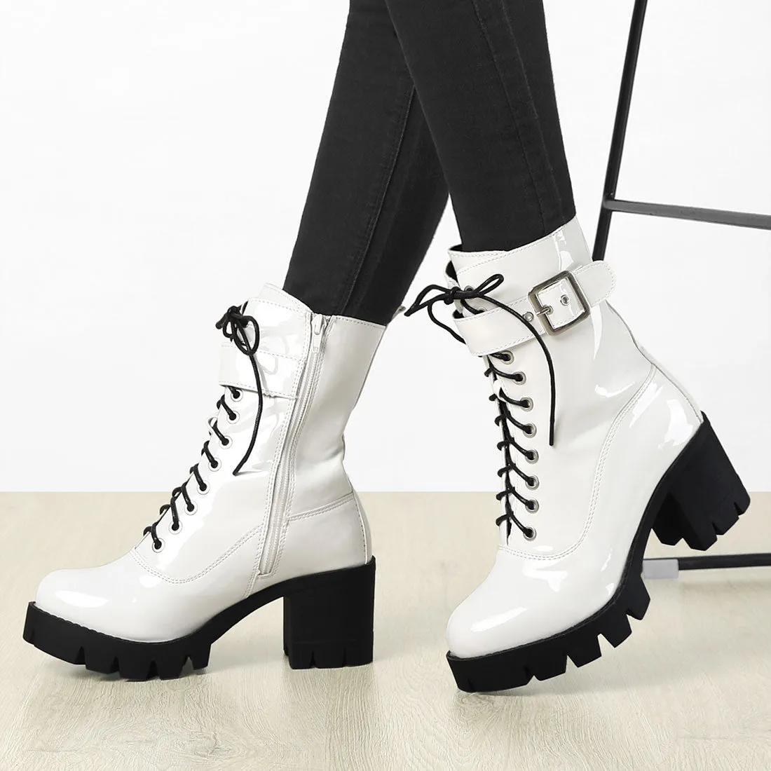 Zip Platform Chunky Heel Combat Boots