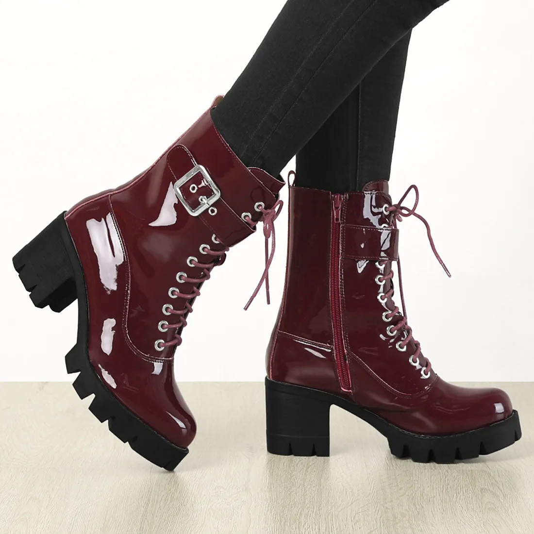 Zip Platform Chunky Heel Combat Boots